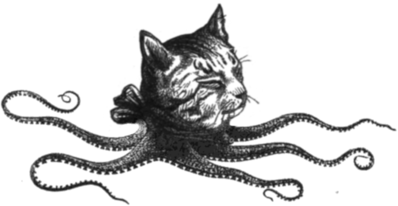 An old drawing of a cat head, spliced onto the old drawing of an octopus body. Victorian octocats look creepy af.