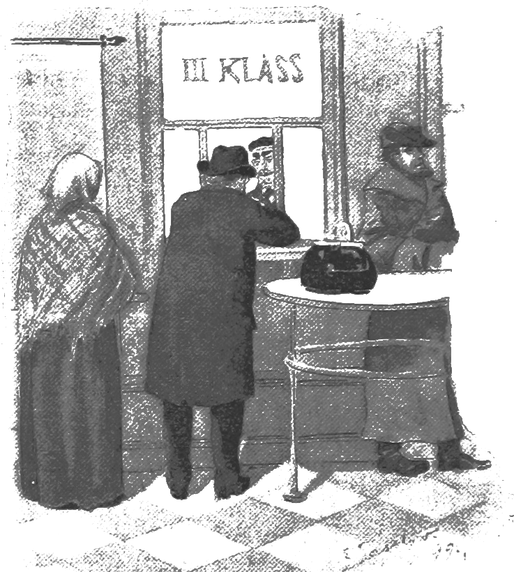 An old drawing of a man standing in front of a ticket shop to buy third class train tickets. No, these are not thetickets we're talking about.