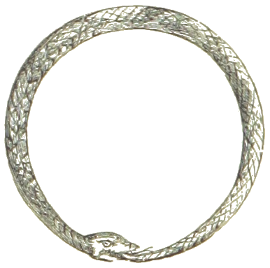 An old drawing of a snake in a circle, biting its own tail. This snake rotates, but so slowly it's barely noticeable.