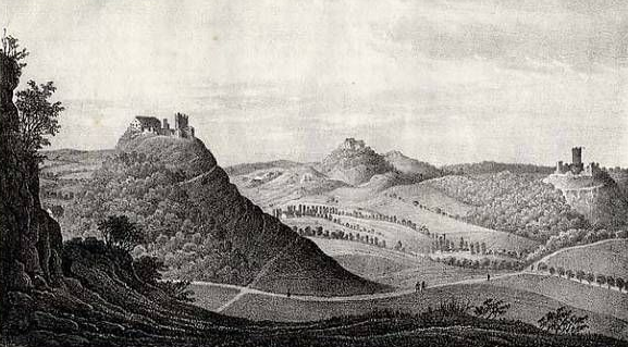 An old image of three castles, each on a hill, very close to each other.