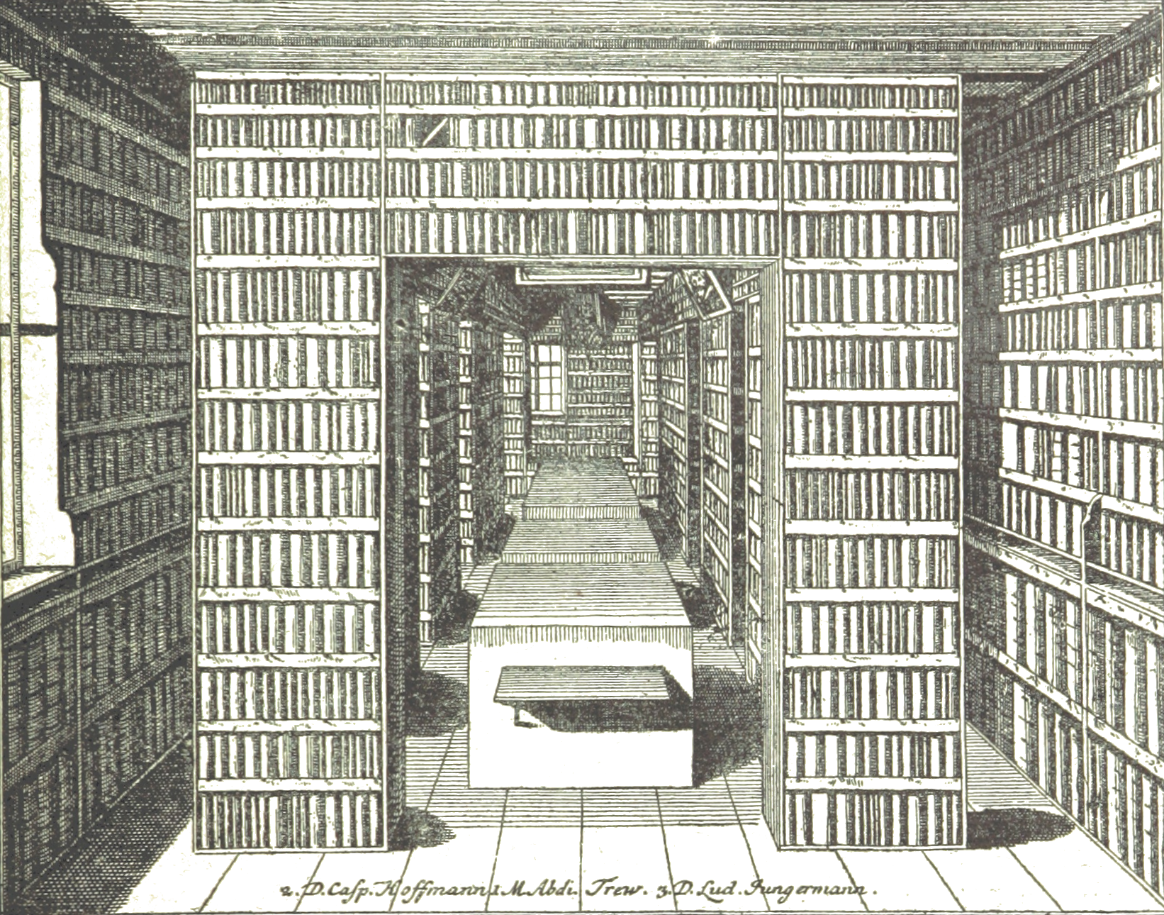 A picture of a library, all walls covered in books